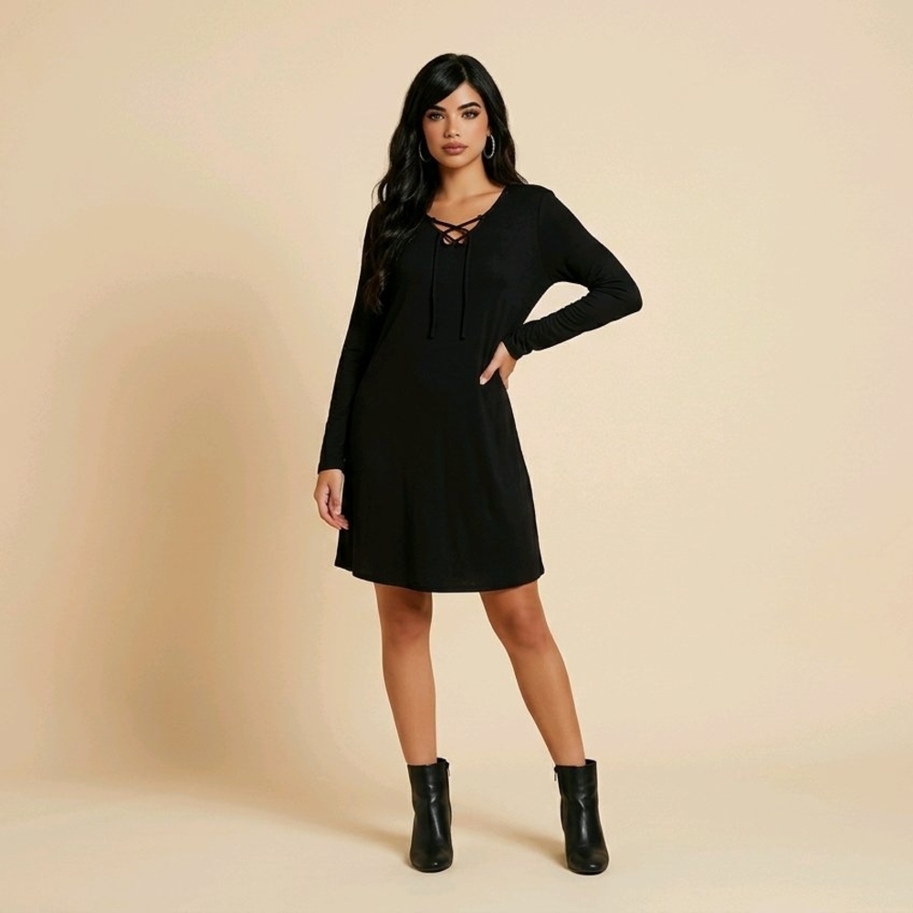 Maurice's 24/7 Black Long Sleeve Lace-Up V-Neck Tunic Dress Size S NWT